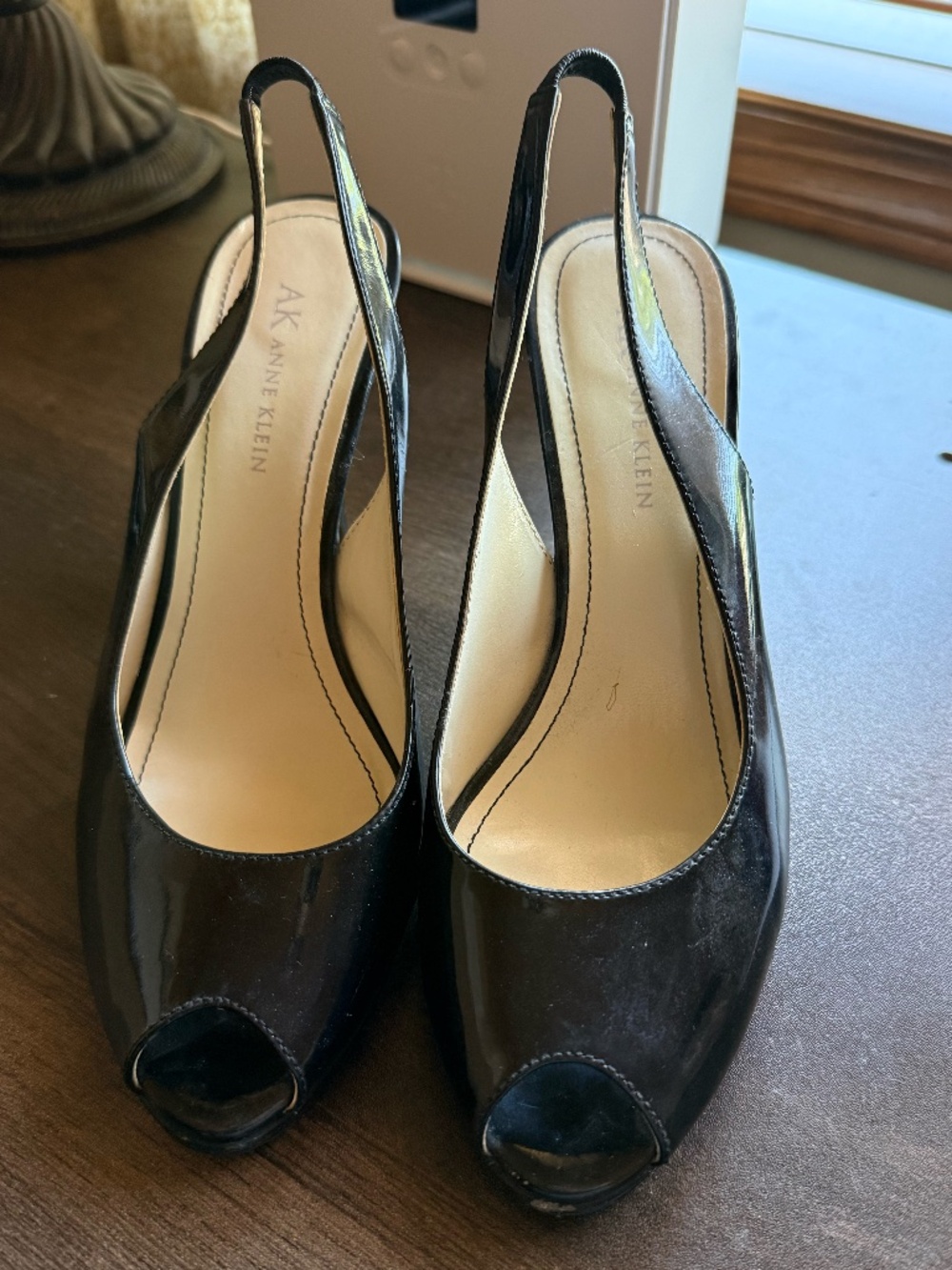 AK Anne Klein Black Patent Leather Slingback Peep Toe Heels Size 7.5M